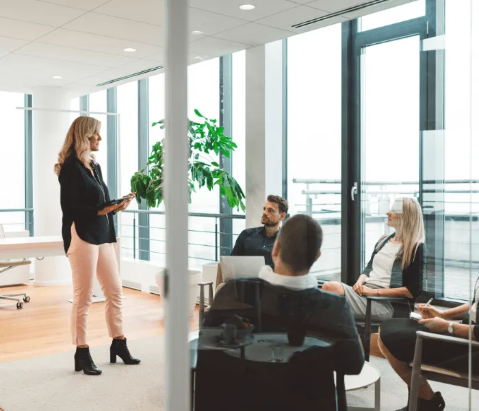 A woman stands giving a presentation to four seated colleagues in a modern office with large windows and a plant.